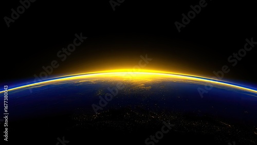Fototapeta Naklejka Na Ścianę i Meble -  A breathtaking view of the Earth's horizon bathed in the golden glow of sunrise, seen from outer space.