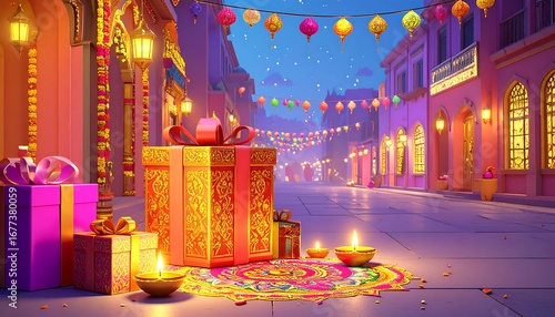 Festive street scene with gifts