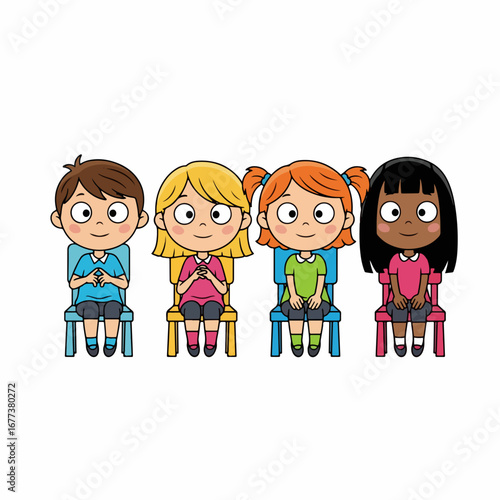 Simple Cartoon Style Group of Kids Sitting On Chairs Illustration