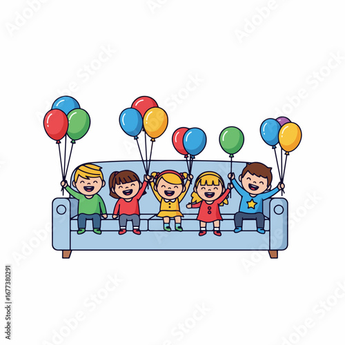 Playful Handdrawn Children with Balloons on Couch Illustration Design