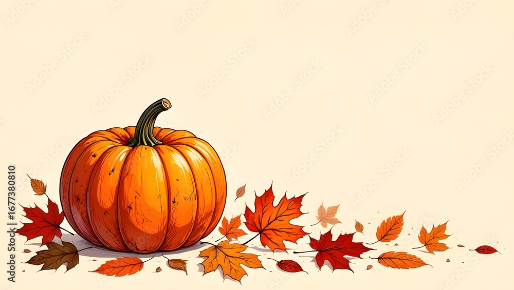 Spooky Autumn Leaves Pumpkin
Illustration of a Halloween pumpkin resting among scattered autumn leaves. Placed on the lower left third with warm natural textures. Negative space on the upper right de Spooky Autumn Leaves Pumpkin
Illustration of a Halloween pumpkin resting among scattered autumn leaves. Placed on the lower left third with warm natural textures. Negative space on the upper right de