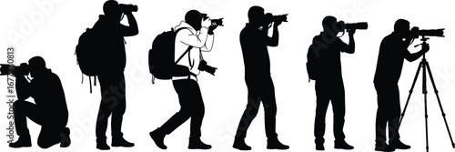 Silhouettes of photographers with backpacks capturing nature and wildlife, using cameras, binoculars, and tripods in dynamic outdoor photography poses.Silhouettes of photographers 