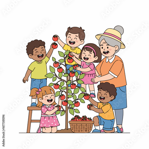 Flat Colorful Children Picking Ripe Tomatoes with Grandmother Illustration