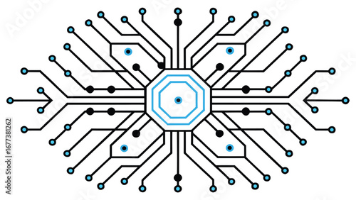 Futuristic glowing digital circuit network central processing unit with radiating data pathways representing artificial intelligence technology and complex connectivity