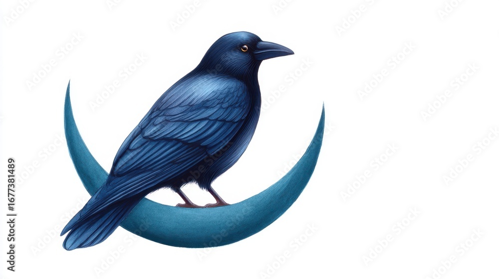 Obraz premium Raven Perched on a Crescent Moon in Watercolor Illustration Style