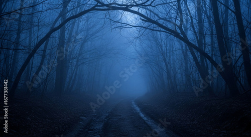Fototapeta Naklejka Na Ścianę i Meble -  A mysterious and spooky dirt road leads into a dark and foggy blue forest at night a perfect atmospheric and creepy background for a horror or fantasy tale