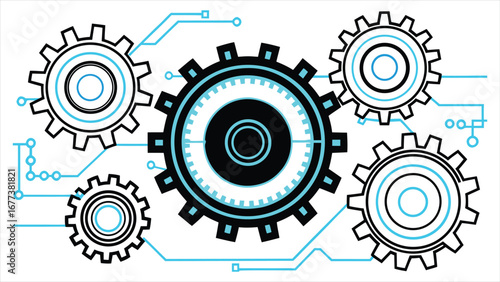Gears interlocking and spinning as a symbol of advanced technology mechanical engineering and interconnected systems in a futuristic digital network