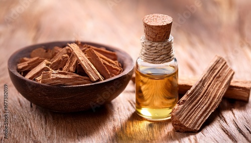 sandalwood essential oil with wood chips