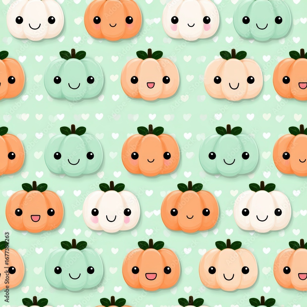 Fototapeta premium Cute and Colorful Cartoon Pumpkin Pattern on Soft Mint Background