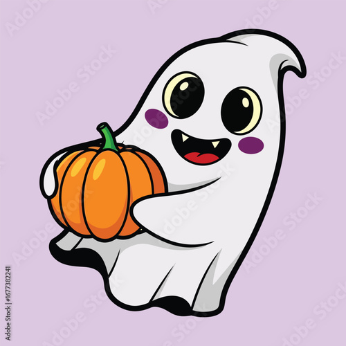 Cute cartoon ghost character holding a small orange pumpkin, smiling happily on a light purple background, perfect for Halloween.