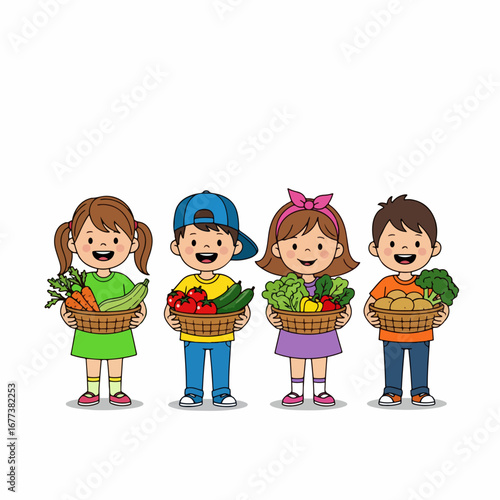 Cute Cartoon Style Children Holding Basket Filled with Fresh Harvested Vegetables Illustration