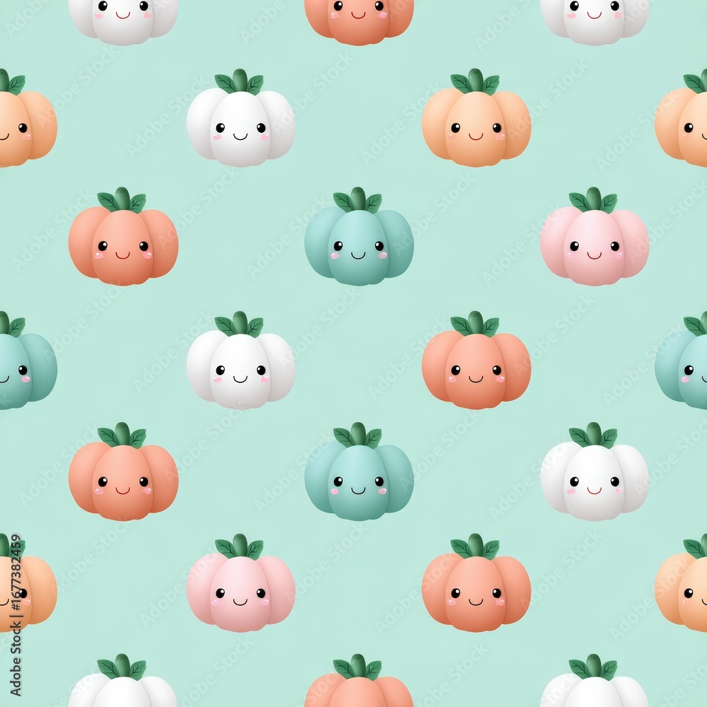 Fototapeta premium Cute Cartoon Pumpkins and Ghosts Pattern on Soft Green Background