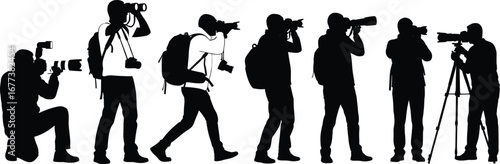 Silhouettes of photographers with cameras, backpacks, and tripod capturing nature and wildlife in various action poses and photo shoots outdoors.
