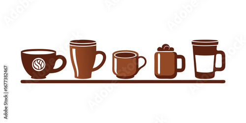 Collection of five brown ceramic and travel mugs with handles presented on a shelf for beverages