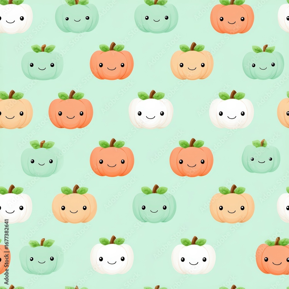 Fototapeta premium Cute Cartoon Pumpkin Pattern on Soft Green Background for Fall Decor