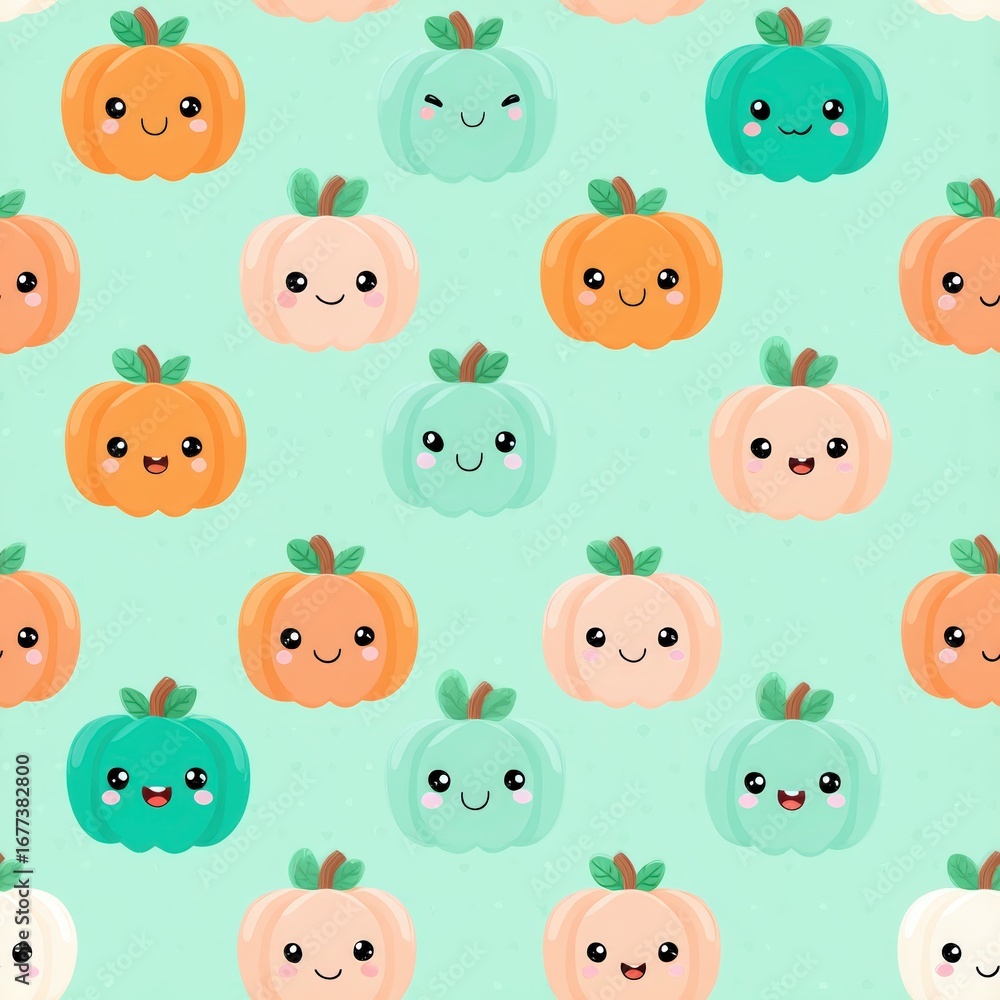 Fototapeta premium Cute Kawaii Pumpkins and Ghosts Pattern for Fun Seasonal Decor