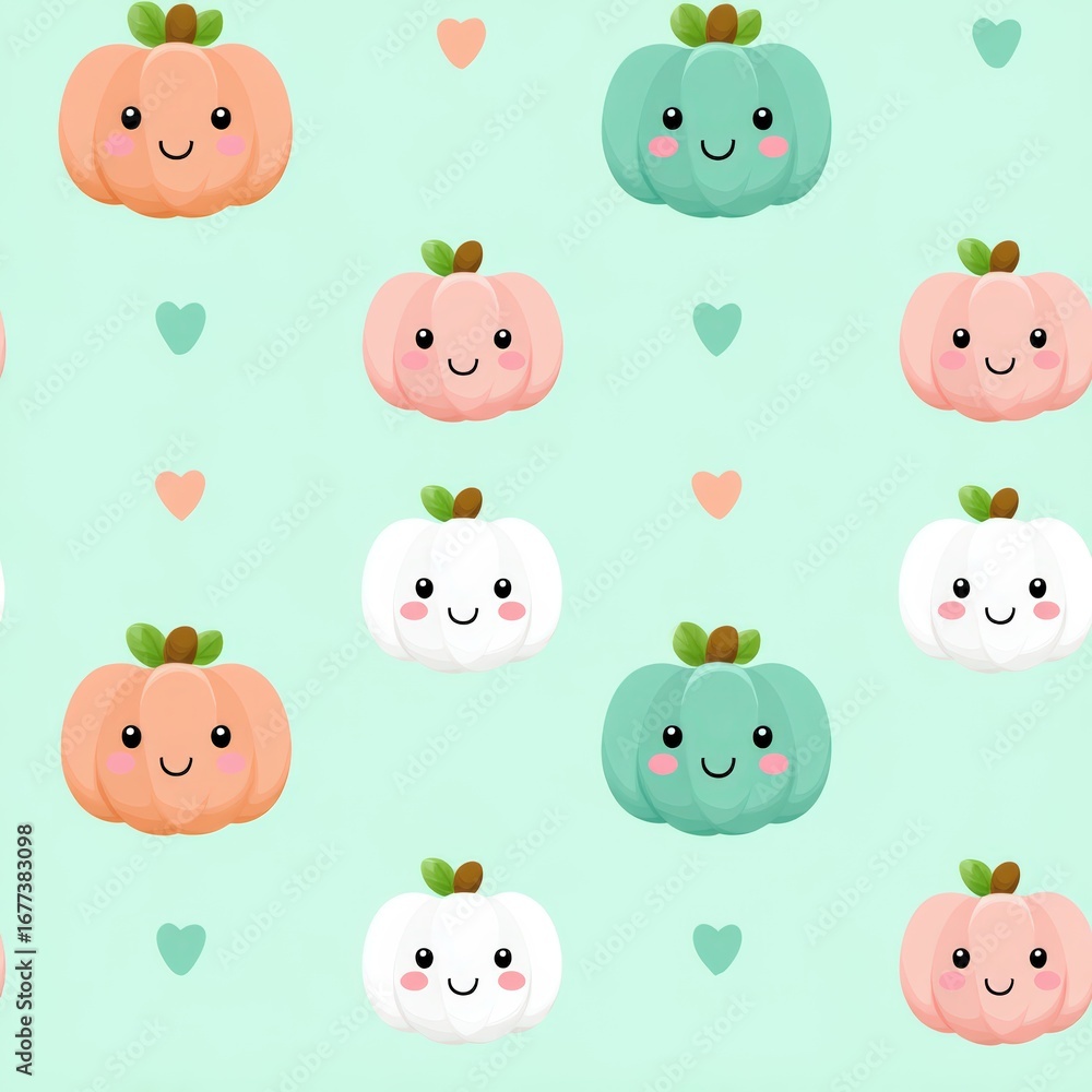 Obraz premium Cute Pumpkin Patterns with Smiling Faces and Hearts on Background
