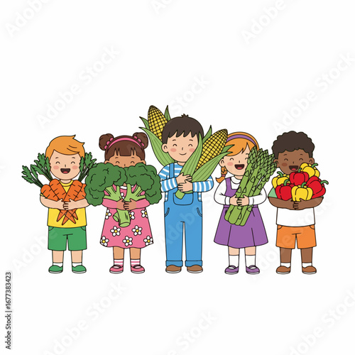 Colorful Handdrawn Children Holding Harvested Crops Illustration of Gardening Concept