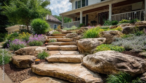 Landscaping design with natural stone steps and plantings