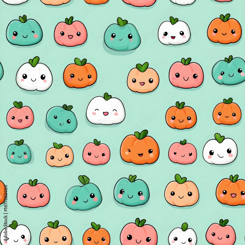 Obraz premium Cute Cartoon Vegetables and Fruits Pattern on Mint Green Background