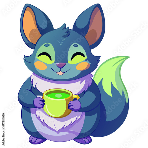 A vibrant 3D render of a sleepy Chinchillas holding a cup of matcha tea