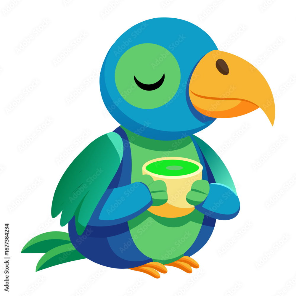 Obraz premium A vibrant 3D render of a sleepy Dodo holding a cup of matcha tea