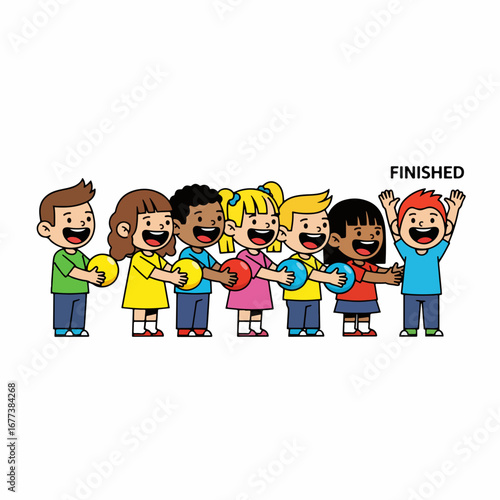 Cute Cartoon Handdrawn Kids Holding Balloons After Finishing the Game Illustration
