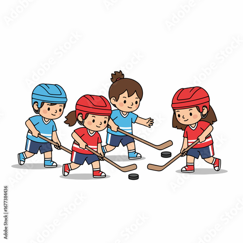 Flat Colorful Hockey Player Children Play Game Sport Illustration