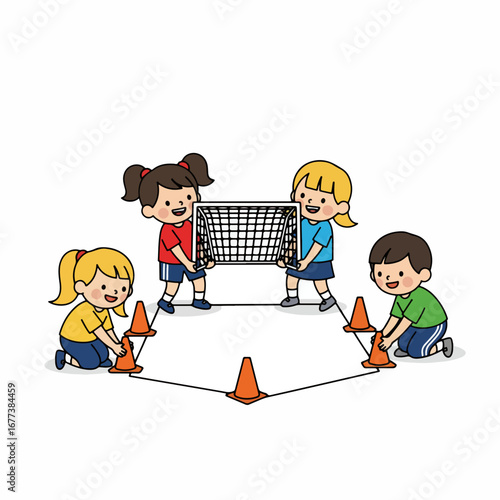 Cartoon Playful Children Constructing Geometric Shape with Cones and Net