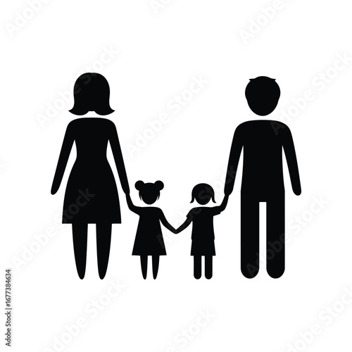 Photo of family of four, parents and two children, holding hands, isolated on white background