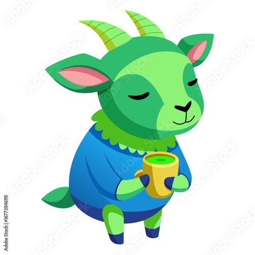 A vibrant 3D render of a sleepy Goat holding a cup of matcha tea