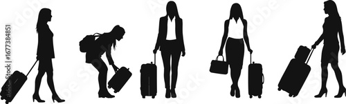 Silhouettes of Professional Women with Luggage in Various Travel Poses – Business Trip, Commuting, Vacation Vector Illustration for Stock Use