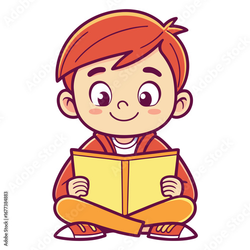 Cartoon boy sitting cross-legged reading a book child
