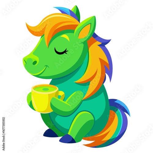 A vibrant 3D render of a sleepy Horse holding a cup of matcha tea