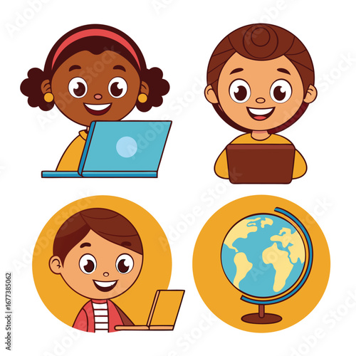 Children and globe icons representing global education and technology