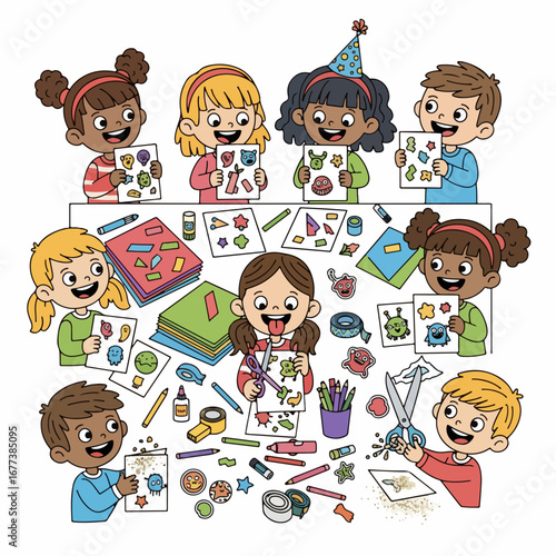 Flat Handdrawn Smiling Kid Holding Craft Paper Art Creative Activity Illustration