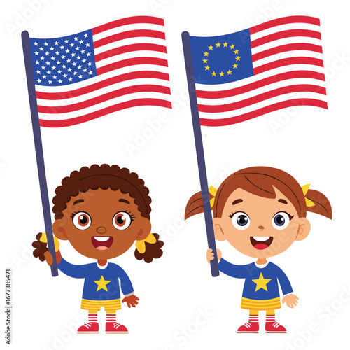 Children holding American and EU flags kids girls
