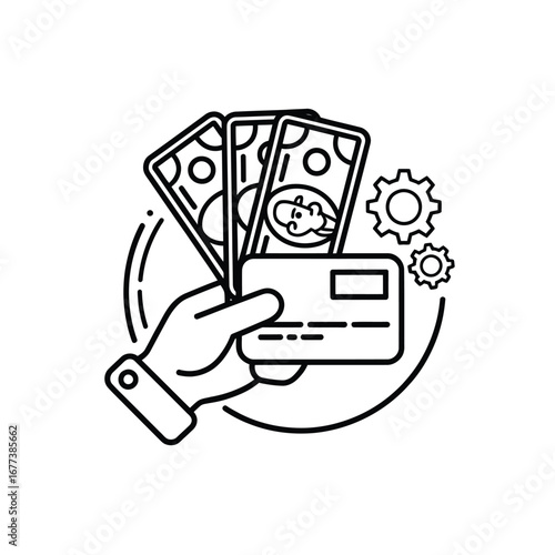 Hand holding credit card and cash with gears symbolizing financial transactions