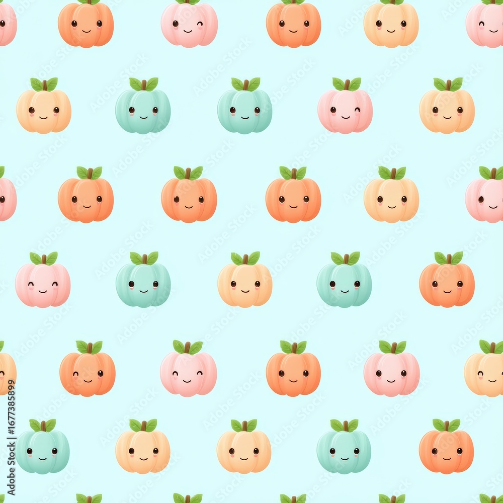 Obraz premium Cute Cartoon Pumpkins in Soft Colors on Light Blue Background