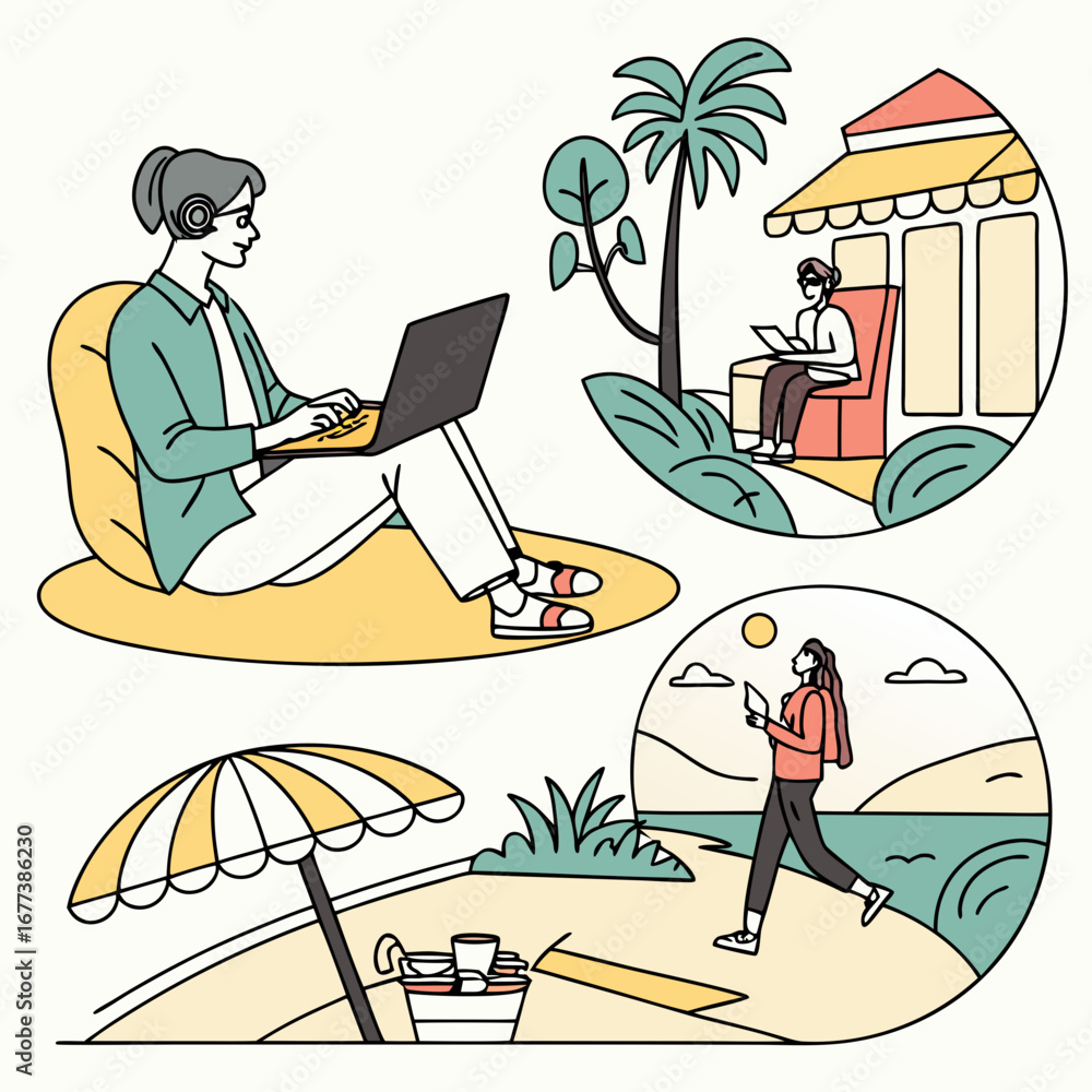 Fototapeta premium Vector Illustration of Person Working Remotely Anywhere 1