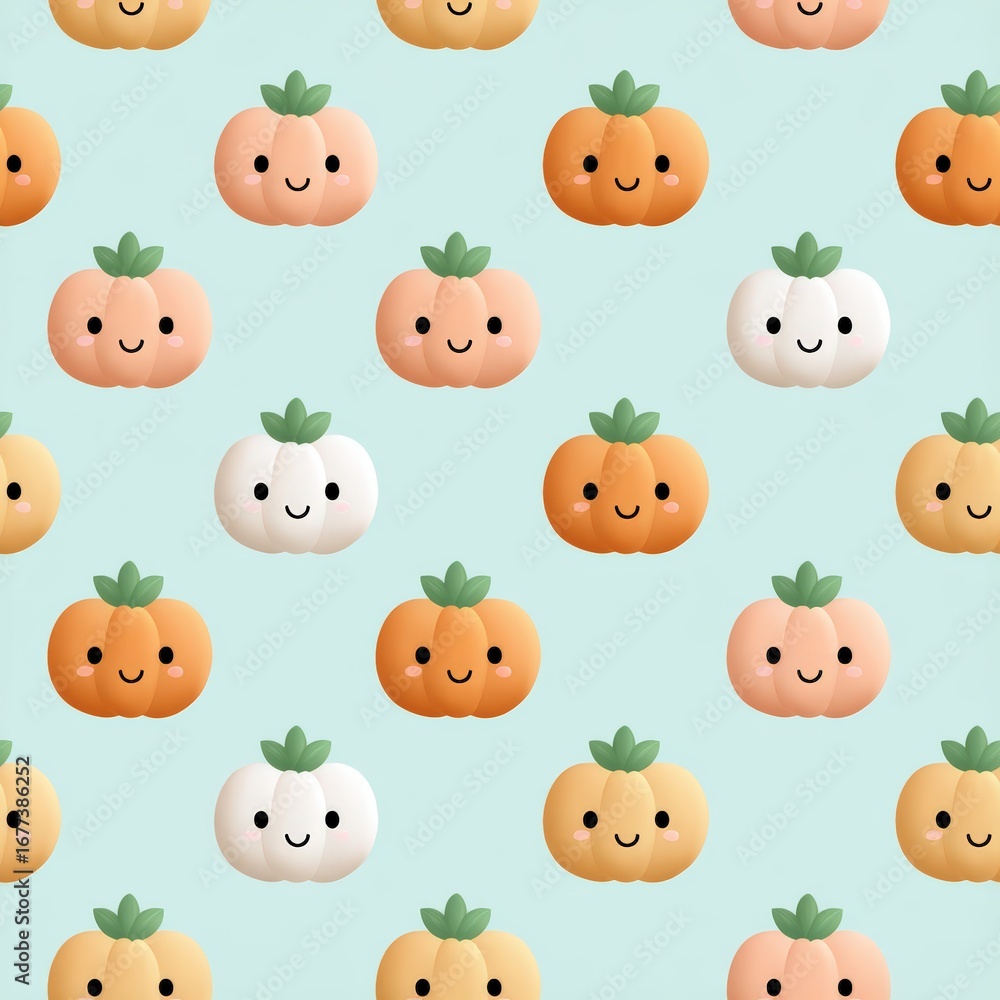 Obraz premium Cute Cartoon Pumpkins with Smiling Faces on Light Blue Background