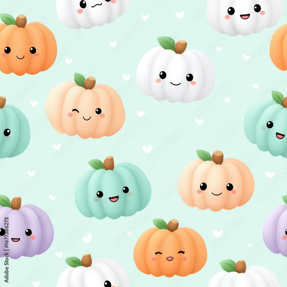 Fototapeta premium Cute Cartoon Pumpkins with Smiling Faces on Soft Colorful Background