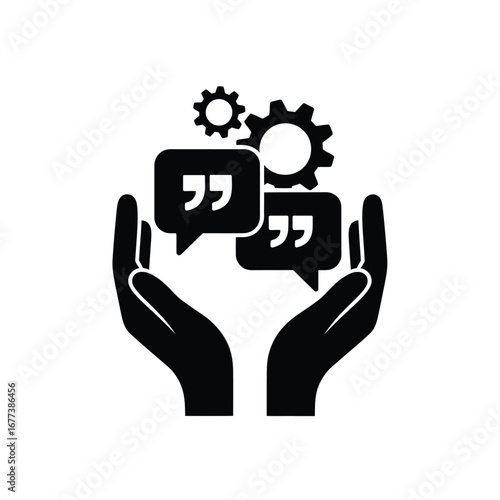 Hands holding speech bubbles with gears symbolizing communication and collaboration