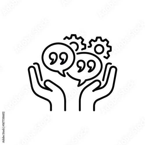 Hands holding speech bubbles with gears representing communication and collaboration