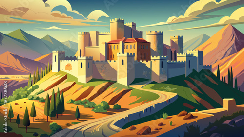 The Krak des Chevaliers in Syria, a medieval Crusader castle, rises dramatically above rolling hills, its fortified walls and towers symbolizing strength and resilience through turbulent centuries.