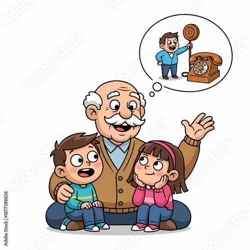 Cartoon Grandfather Telling a Story to Grandchildren About the Old Days Illustration