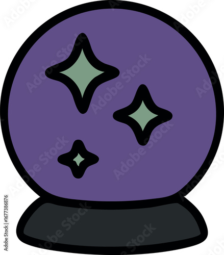 This image shows a purple crystal ball with three sparkling star shapes inside, sitting on a black base, symbolizing fortune-telling and magic.