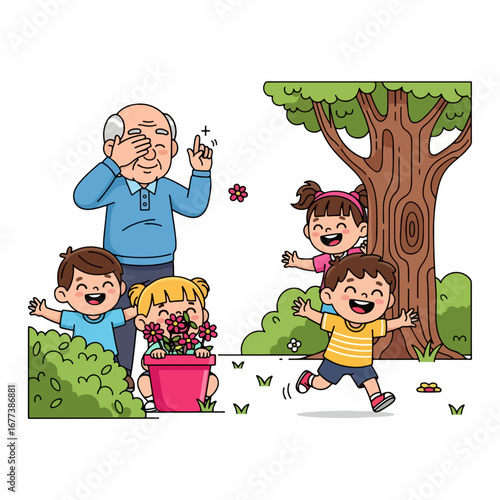 Cute Handdrawn Grandfather Enjoying Quality Time With Grandchildren Outdoors Illustration