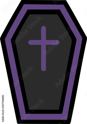 This image depicts a dark coffin outlined in purple with a purple cross in the center, symbolizing death and Halloween themes.