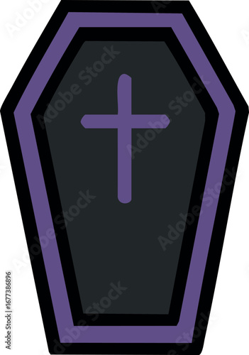 This image depicts a dark coffin outlined in purple with a purple cross in the center, symbolizing death and Halloween themes.